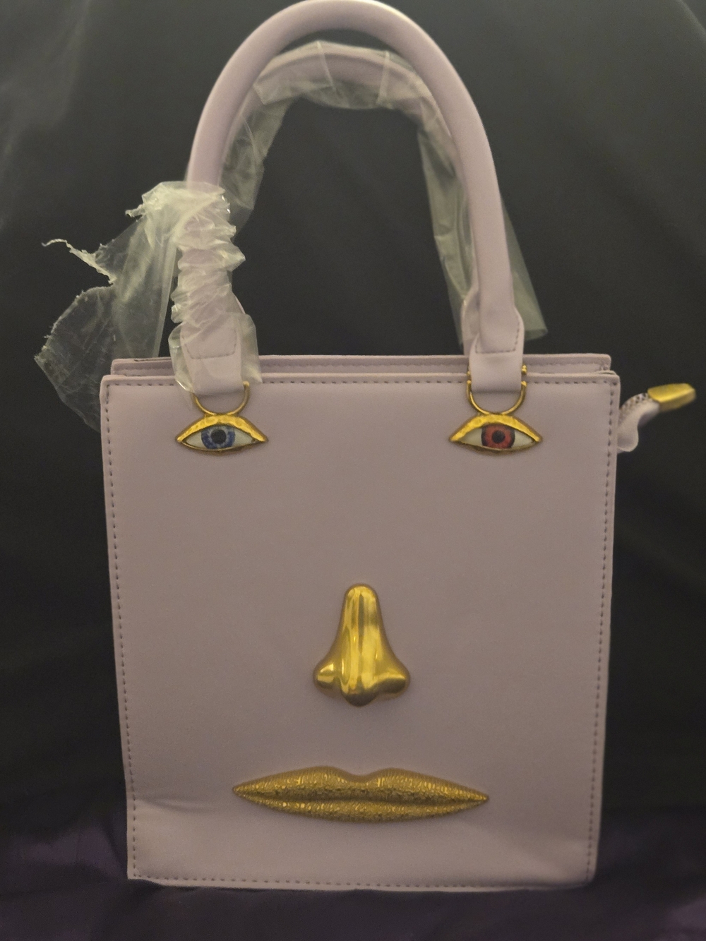 Schiaparelli Inspired Lavender Novelty Face Crossbody Bag with Gold Accents